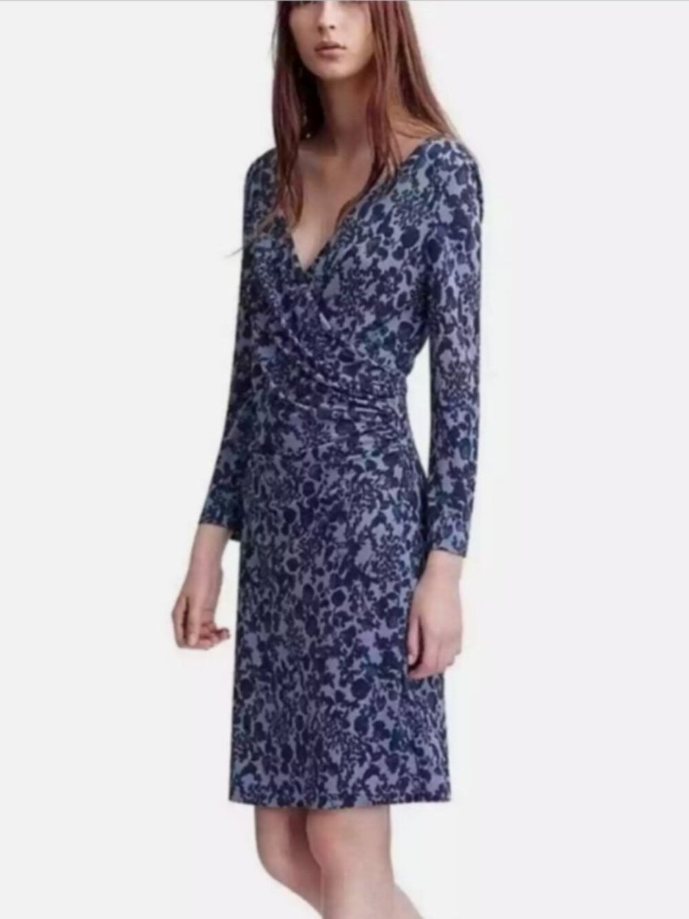 Tory Burch Michele Floral Dress Periwinkle Blue Faux Wrap Ruched V-Neck Small